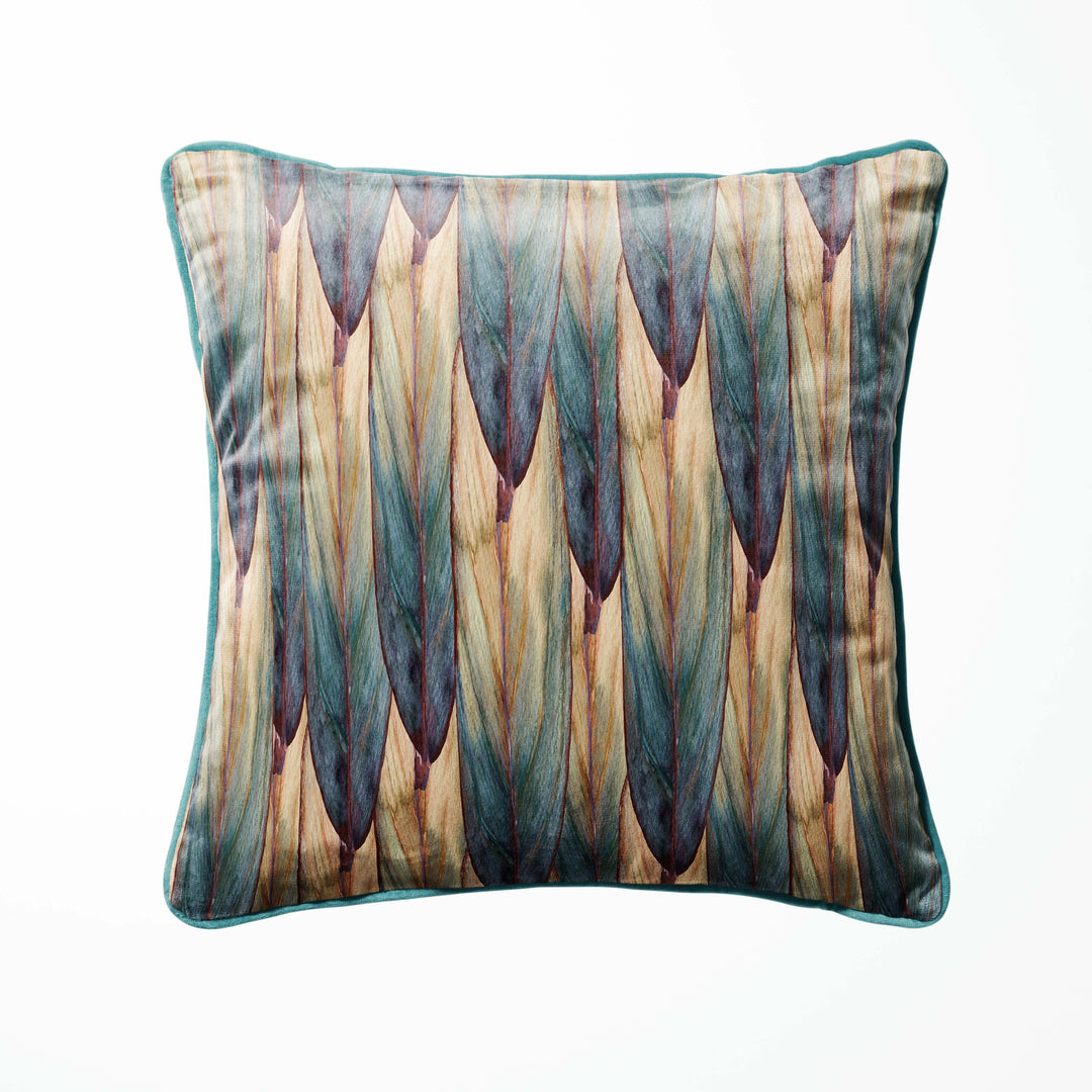Autumn velvet cushion with leaf print and piped edging