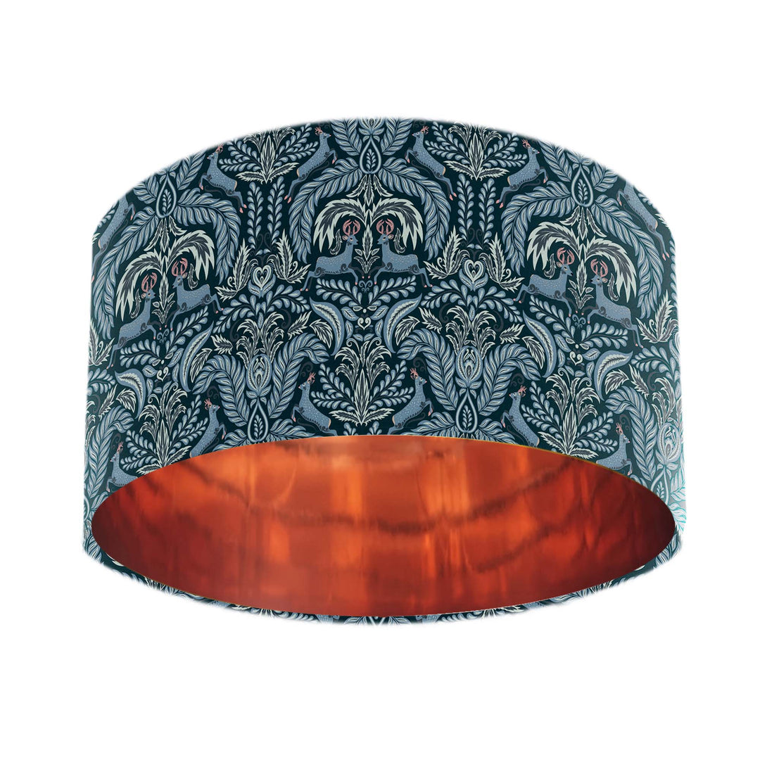 woodland deer navy blue cotton lampshade with copper lining