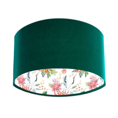 Bottle Green Velvet Lampshade with Crane Birds & Chrysanthemum Lining in White