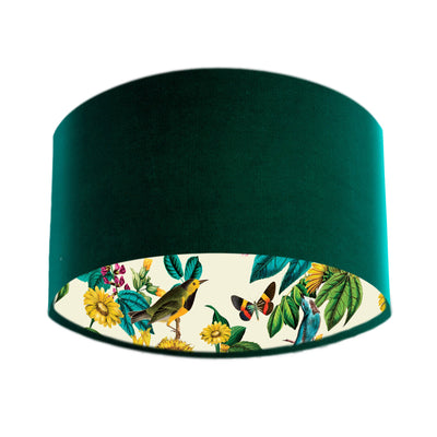 Bottle Green Velvet Lampshade with Birds and Sunflowers in Cream