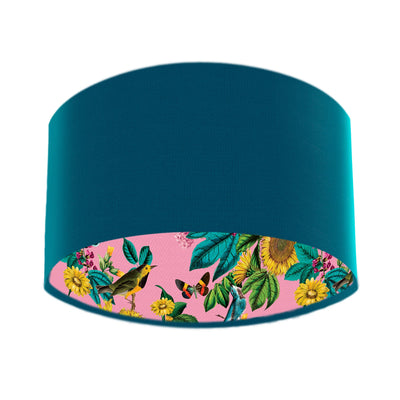 Teal Blue Cotton Lampshade with Birds and Sunflowers in Pink