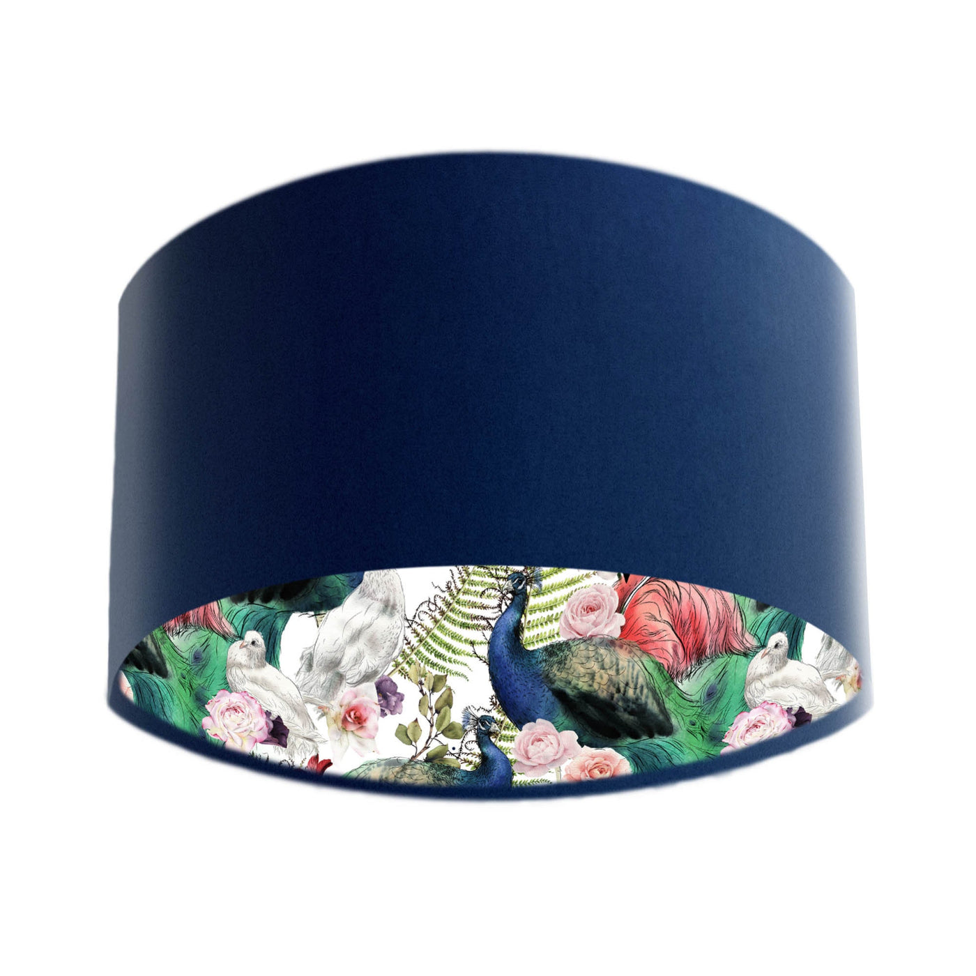 Peacock and Flamingo Feathers Lampshade in Navy Blue Velvet