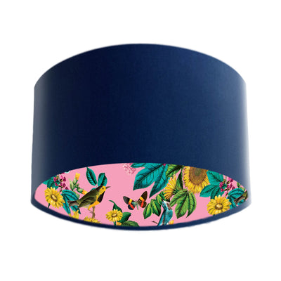 Navy Blue Velvet Lampshade with Birds and Sunflowers in Pink