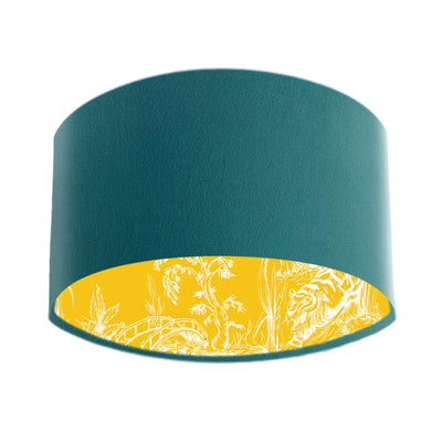Teal Blue Velvet Lampshade With Mustard Yellow Chinoiserie
