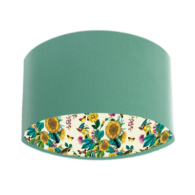 Mint Green Velvet Lampshade with Birds and Sunflowers in Cream