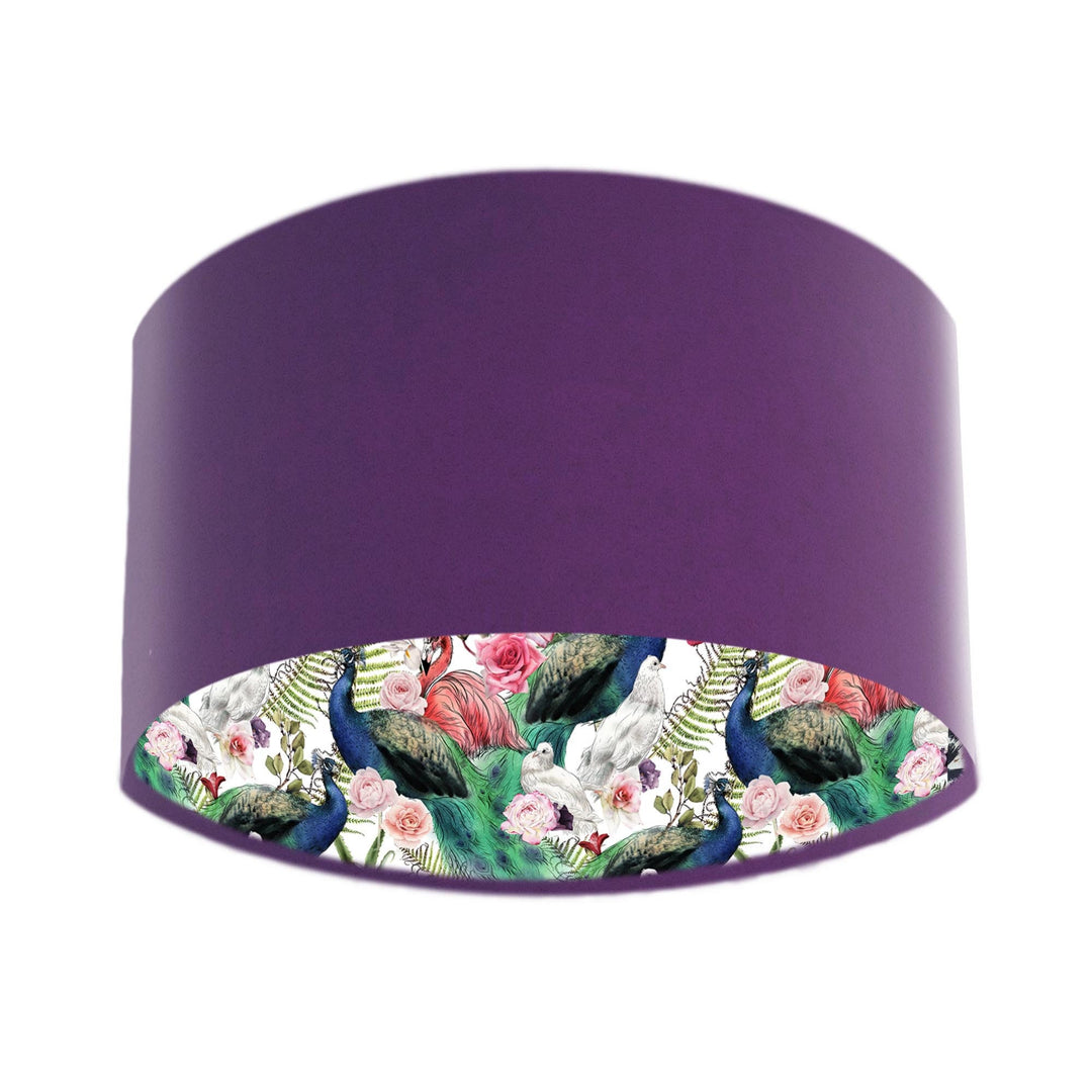 Peacock and Flamingo Feathers Lampshade in Amethyst Purple Velvet