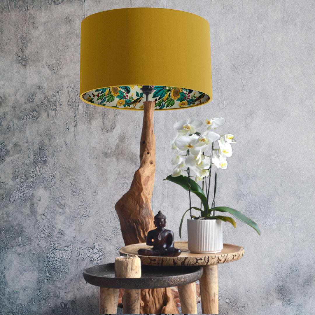 Mustard Yellow Velvet Lampshade with Birds and Sunflowers in Cream