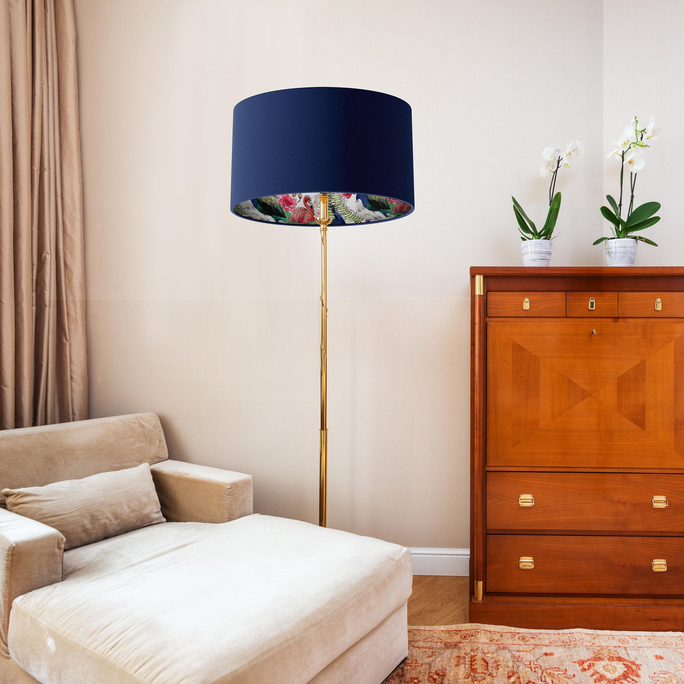 Peacock and Flamingo Feathers Lampshade in Navy Blue Velvet