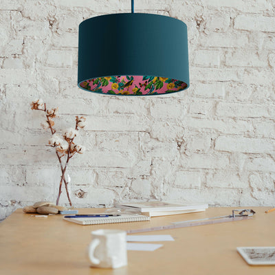 Teal Blue Cotton Lampshade with Birds and Sunflowers in Pink