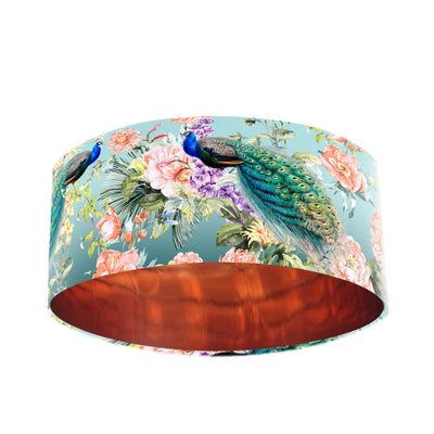 Peacock Paradise Velvet Lampshade in Teal Blue with Mirror Copper Lining