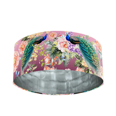 Peacock Paradise Velvet Lampshade in Pink with Mirror Silver Lining
