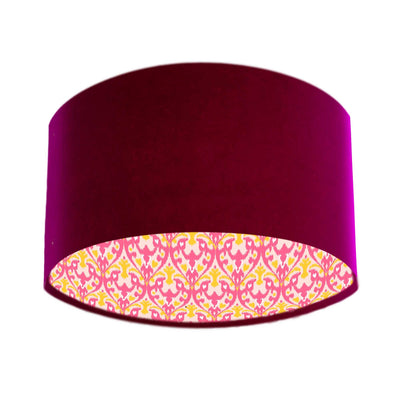 Red Claret Velvet Lampshade with Pink and Yellow Ikat Lining