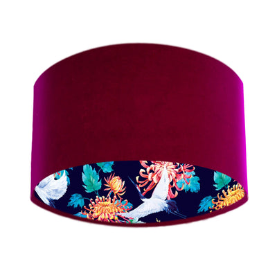 Japanese Cranes Lampshade in Blue with Red Claret Velvet