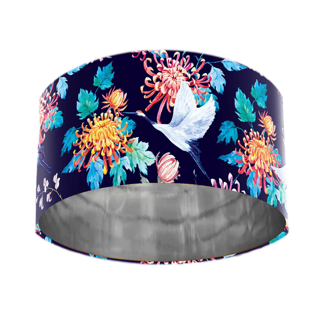 Japanese Cranes Lampshade in Blue with Mirror Silver Lining